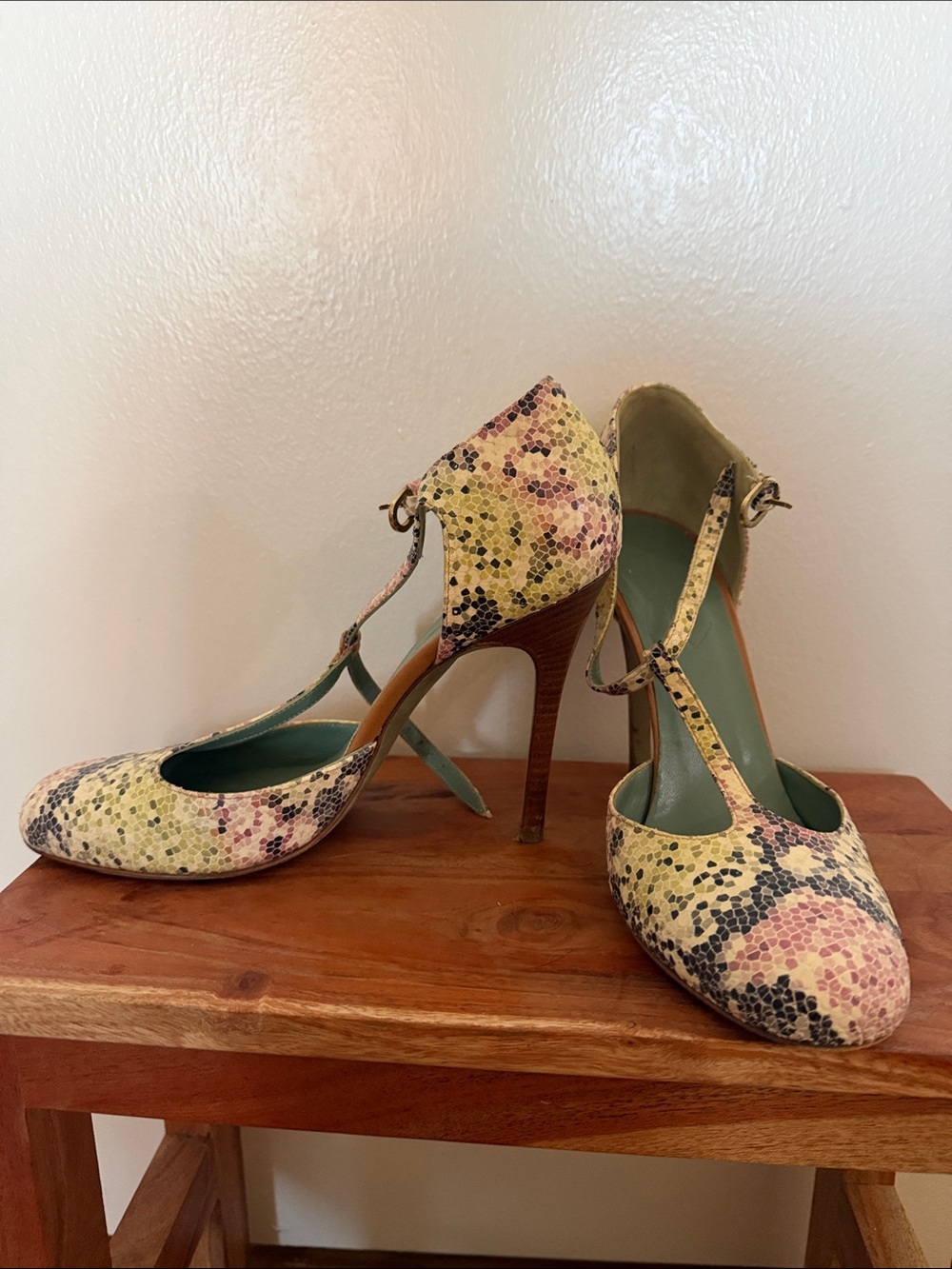 Yellow Floral T-Strap High Heels with Snakeskin Texture